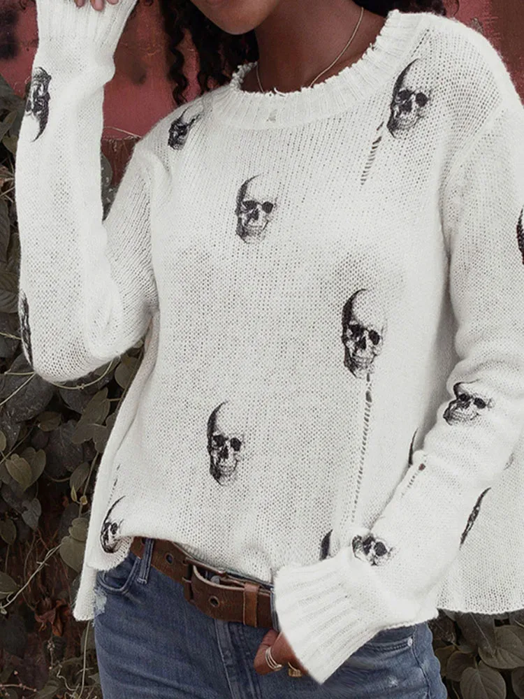 Halloween Skull Print Loose Knitted Sweater for Women Fashion Round Neck Knitting Top Pullovers Autumn Long Sleeve Casual Jumper