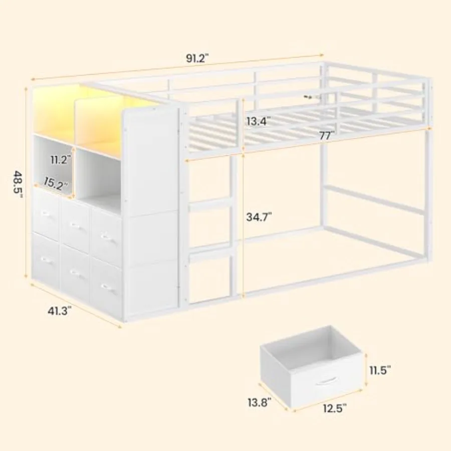 Low Twin Over Twin Bunk Bed with 6 Storage Drawers, LED Lights