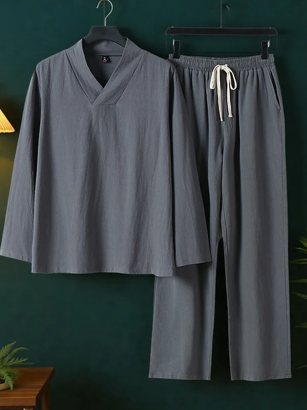 

Хлопково-льняной комплект Long Sve для мужчин, повседневные свободные льняные брюки в стиле ретро V Ne T irt, весенне-осенняя одежда в стиле дзен, летняя мужская одежда