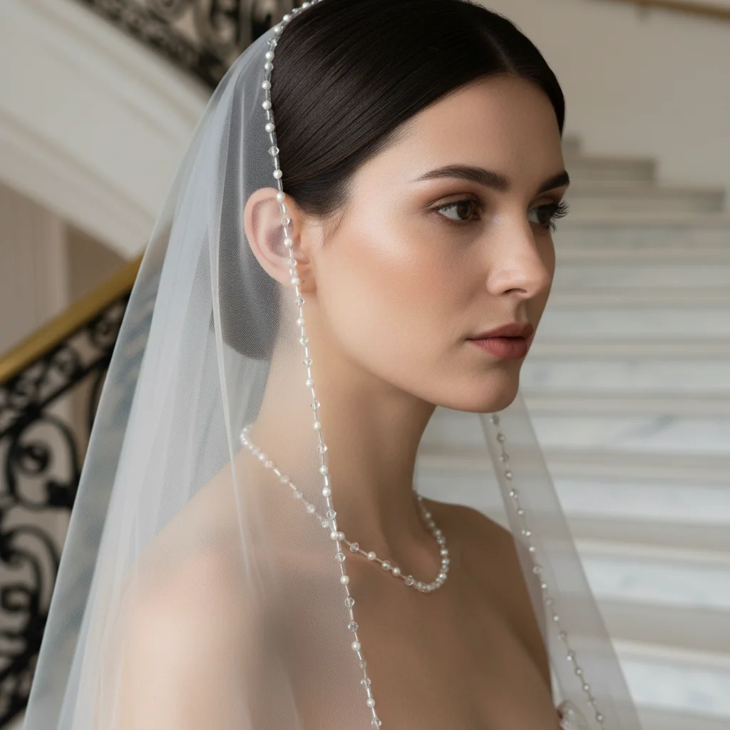 

Свадебная фата с жемчужными бусинами, элегантная простая фата для невесты, для церковной церемонии, торжественных мероприятий G140