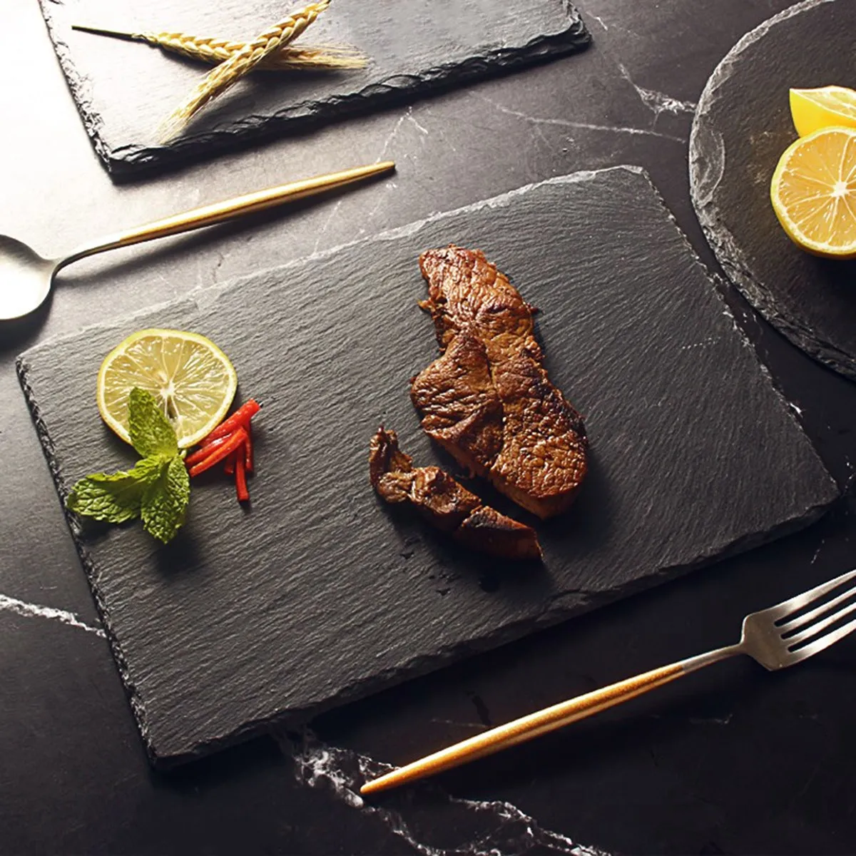 Natürliche Rechteckige Steinplatte Schwarz 25x12cm Servierplatte Kuchen Sushi Pizza Käse Obsttablett Grillplatte