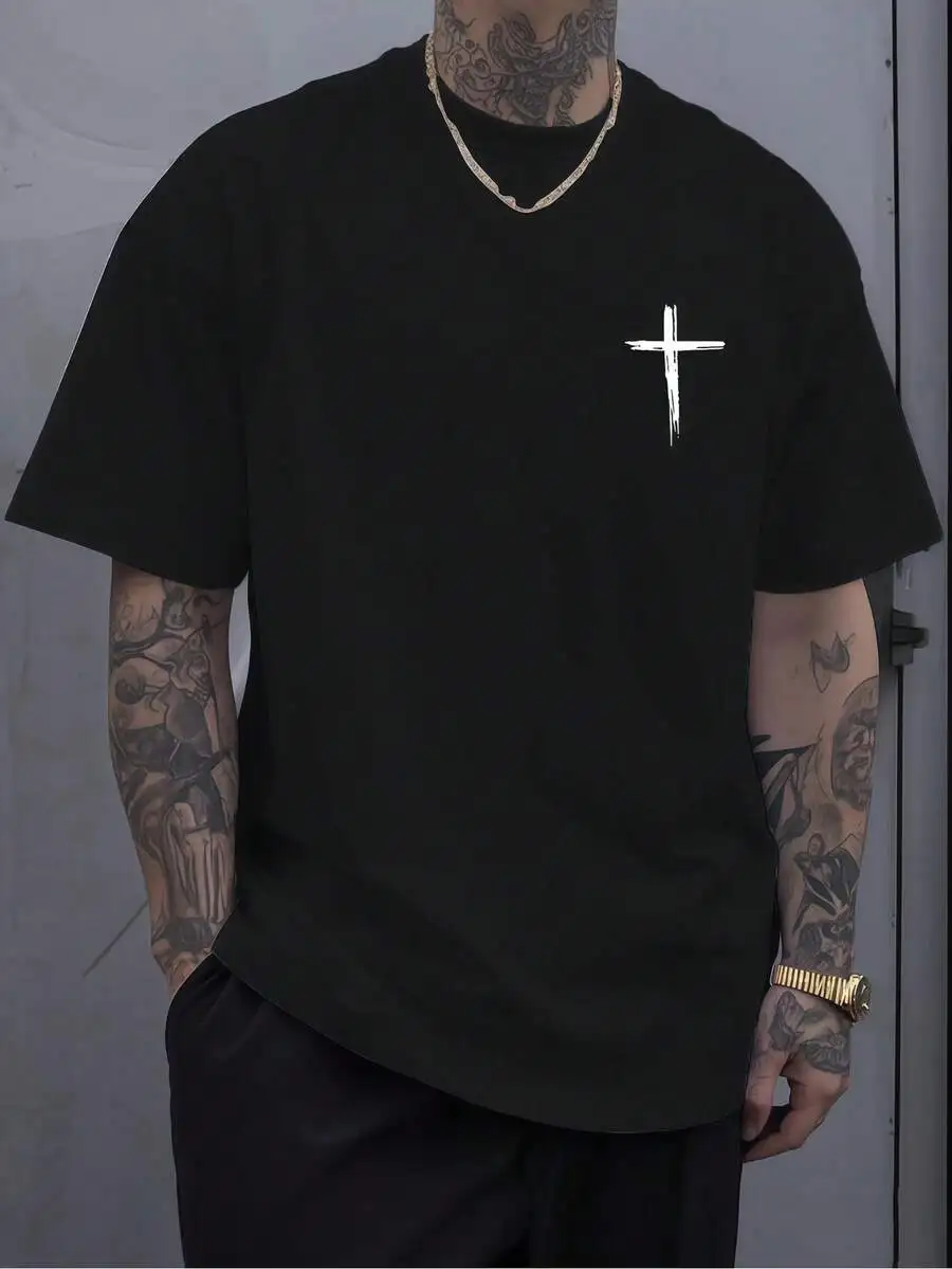 1 Pc Men's Clothing Cross Printed Black Tshirt, Graphic Tee, Summer Tops, Shirt, Unisex Casual Crew Neck Tshirt, Plus Size Men's