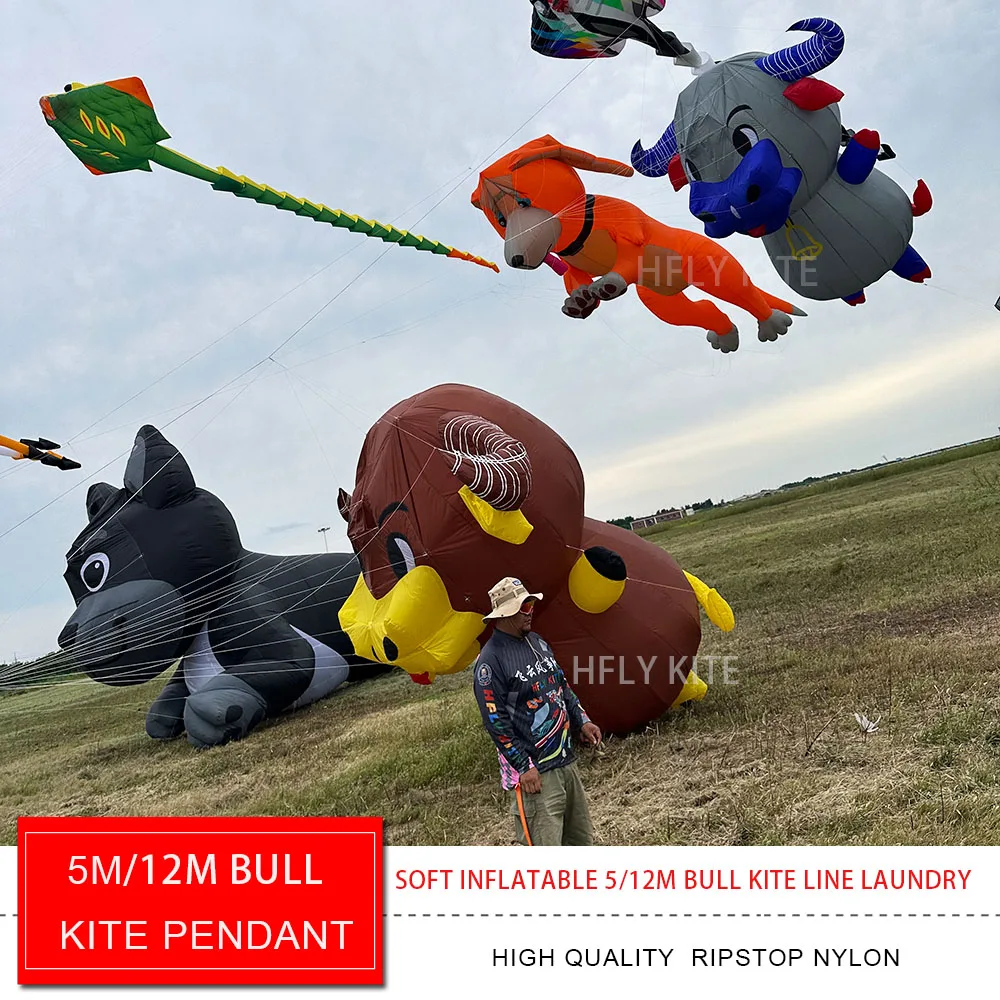 HFLY New Arrival Soft Inflatable 5m/12m Bull Kite Line Laundry for Adults High Quality Ripstop Nylon Cattle Show Kite Pendant