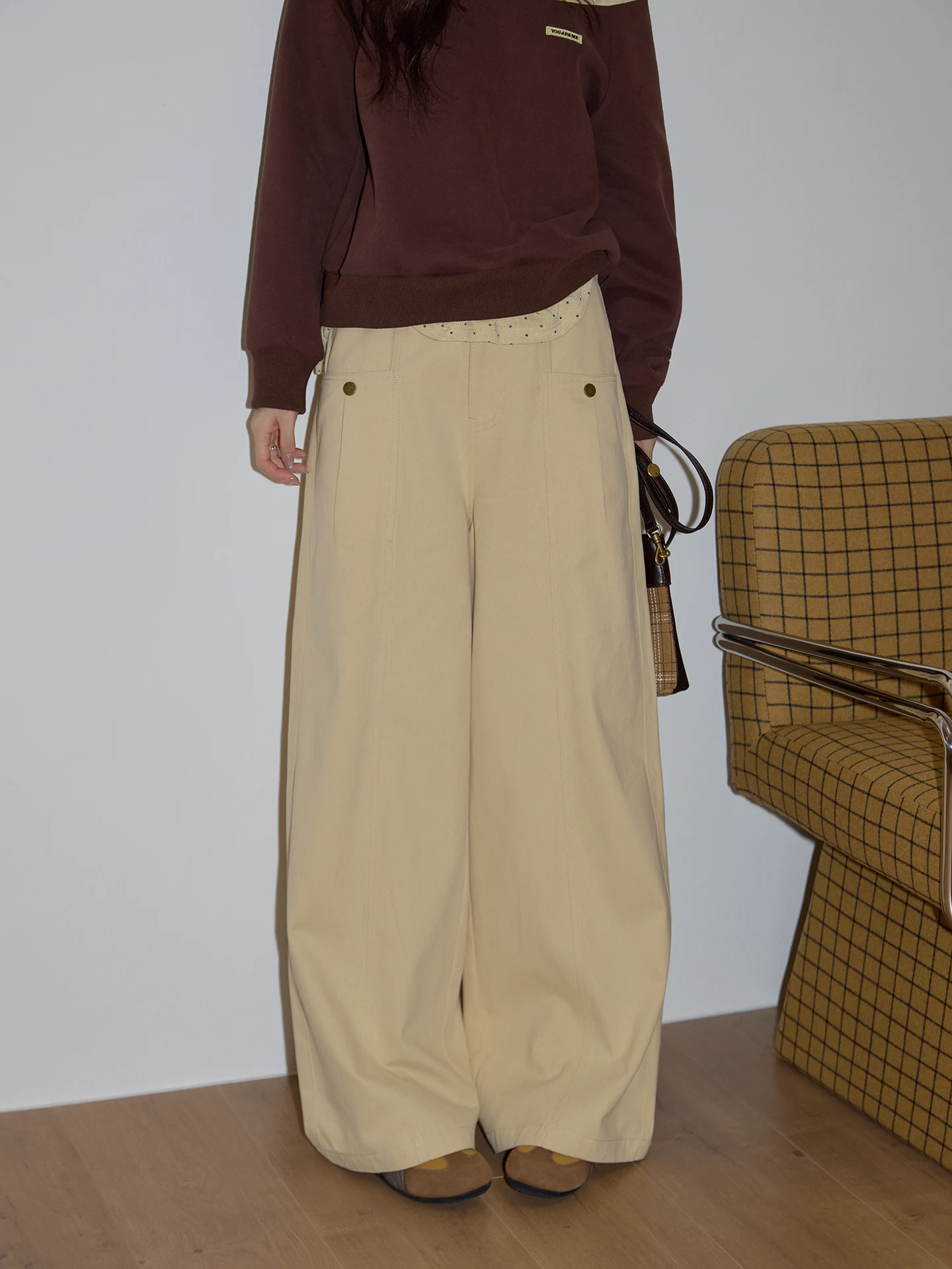 

Khaki Color Wide Leg High Waist Casual Sle Women's Jeans Spring Season Drapey Loose Fit Long Trousers Korean Trend