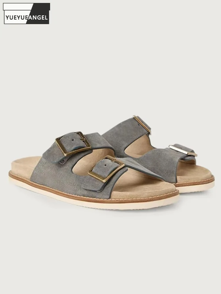 

Mens Genuine Leather Slippers Summer Footwear Non-Slip Breathable Open Toe Flat Beach Shoes Buckle Fashion Nubuck Leather Slides