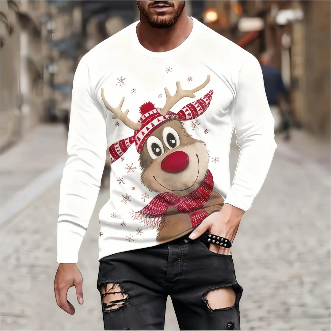 

Funny Reindeer Graphic T Shirt For Men Christmas Element Print Tops Spring Autumn Casual Long Sleeve T-shirt Daily Tee Women Top