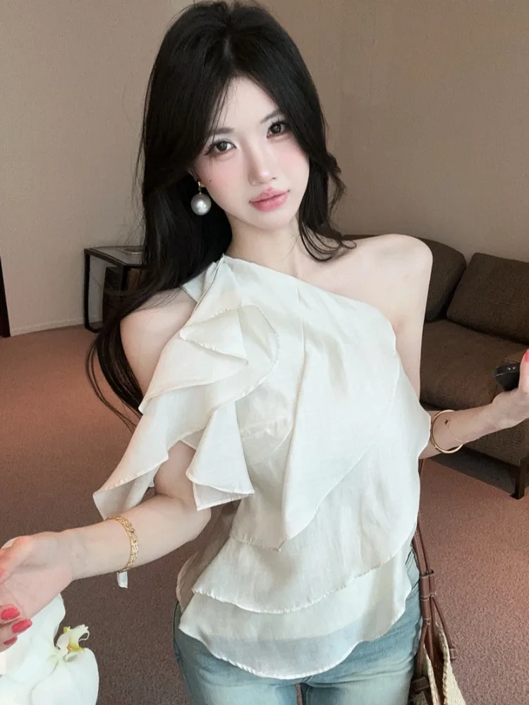 

Elegant Multi-Layer Ruffle Sleeveless Crop Top Women's Summer Asymmetrical Short French Style Slim Fit Citywalk Polyester Fiber