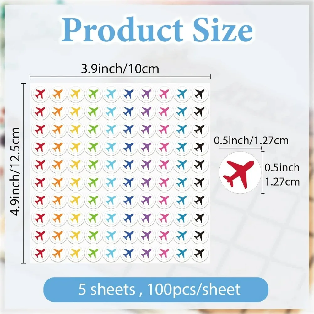 500Pcs/5 Sheets Plane Planner Sticker Mini Planner Stickers 1/2 Inch Colorful Cute Plane Marking Location Labels