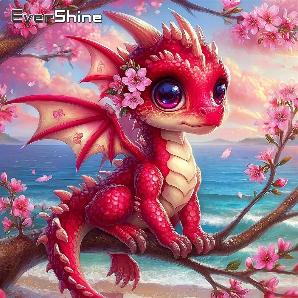 EverShine Diamant-Stickerei Tier-Mosaik Drache Vollflächiges Quadratisches Bild Strass-Malerei Kirschblüte Handgemachtes Hobby