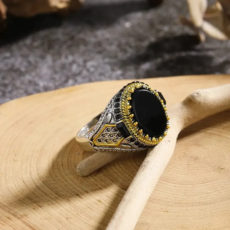 Retro Handmade Turkish Signet Ring Vintage Men Ancient Silver Plated Pattern Ring Inlay Black Zircon Party Punk Motor Biker Ring