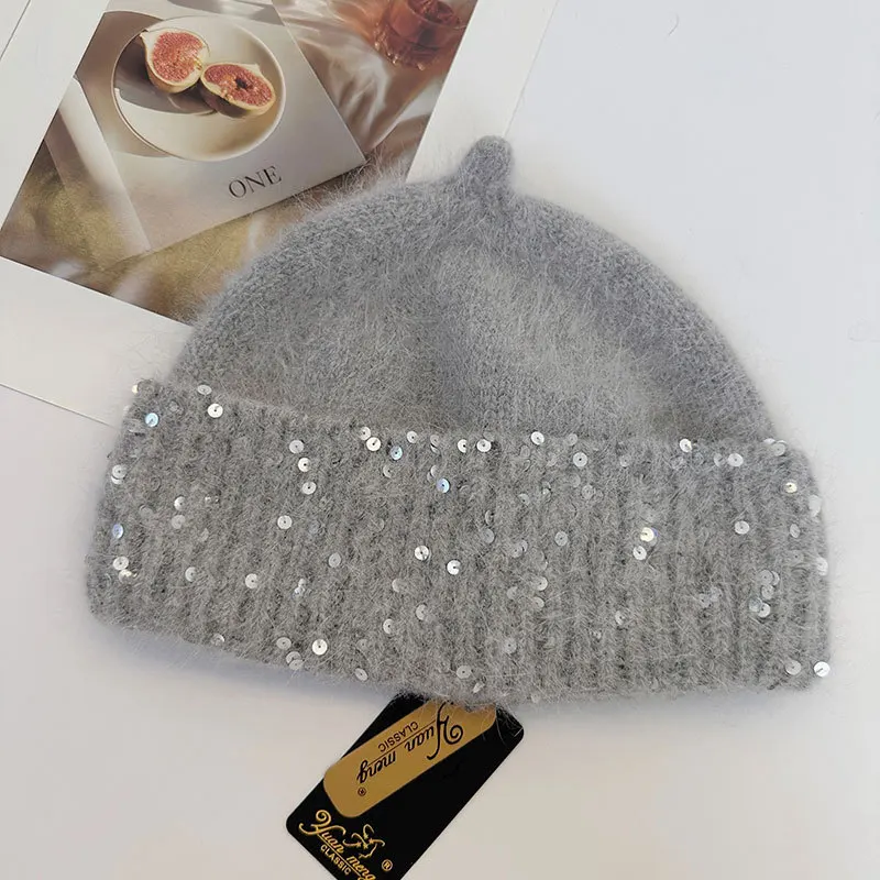 Women's Sequined Rabbit Fur Pullover Knitted Hat Winter Outdoor Thickened Warm Ear Protection Bi-fold Versatile Skull Beanie Cap