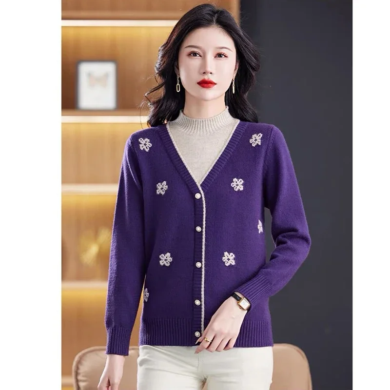 Pullover rajut wanita, Sweater wol rajutan setengah kerah tinggi tebal musim gugur musim dingin, Busana longgar Jacquard, pakaian rajut lembut elegan