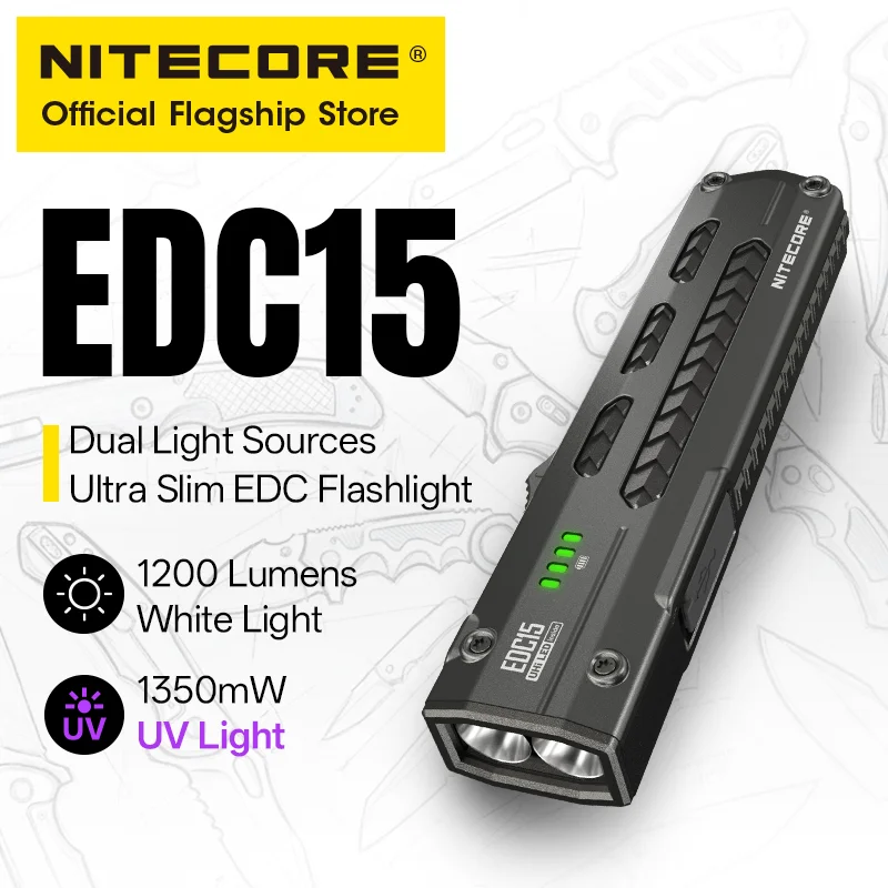 NITECORE EDC15 EDC Flashight 1350mW UV Light 1200 Lumen USB-C Rechargeable Dual Light Sources Troch Light with Li-ion Battery
