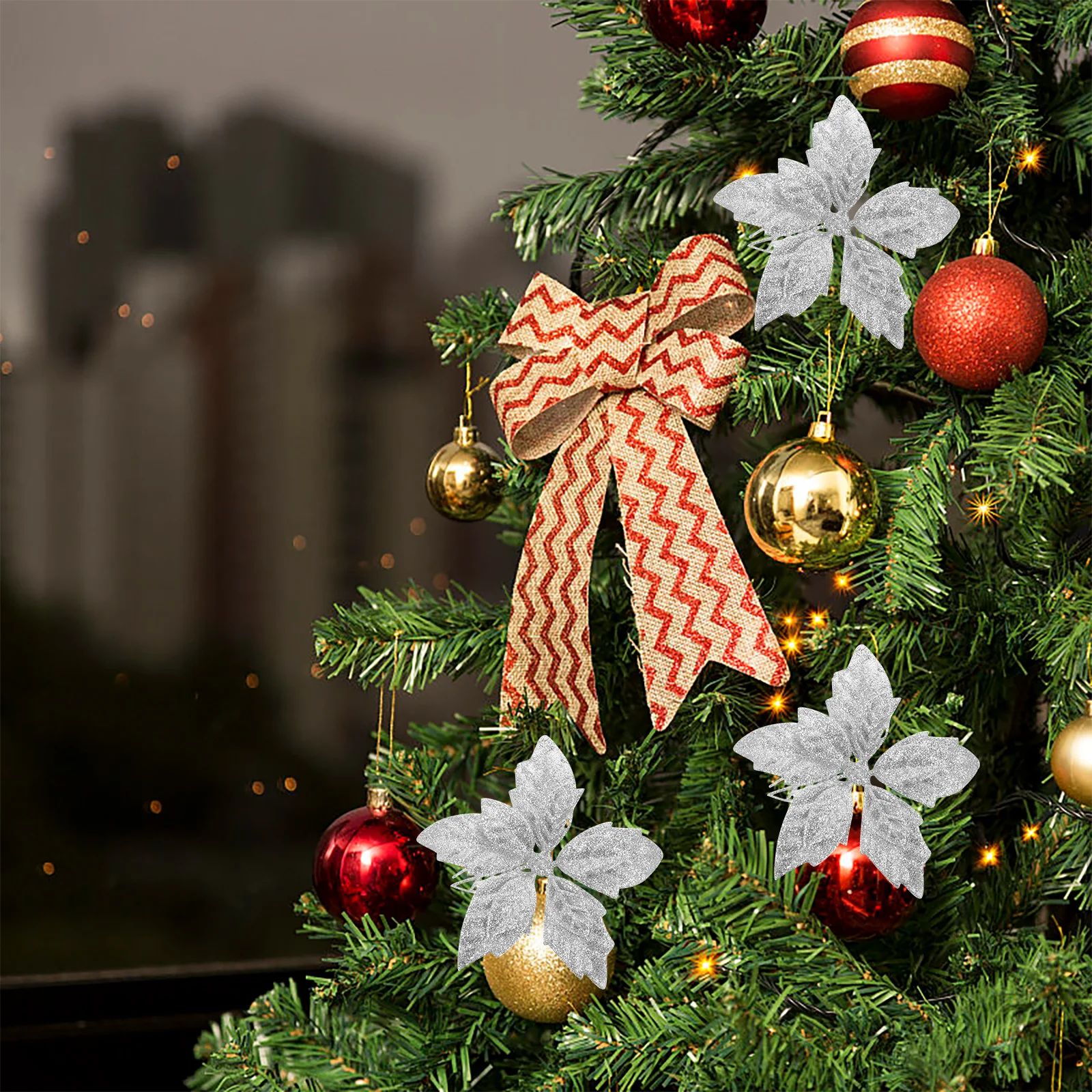 

10Pcs Lifelike Poinsettia Flowers Christmas Decor DIY Supply Glittery Tree Ornaments Home Decoration Glitter Poinsettia