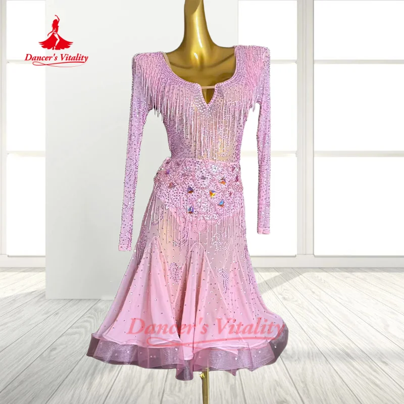 Latin Dance Long Sleeved Dresses for Women's Customized AB Stones Fringe Dress Children Tango Chacha Samba Competition Clothing