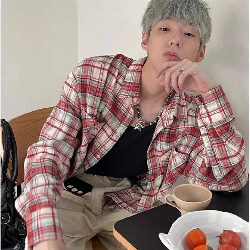 Stretch Checkered Shirt Long Sleeve Korean Fashion Fit Unisex Versatile Top Outdoor Travel Spring Summer Lightweight Comfort