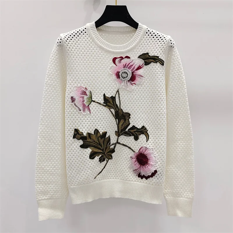 Women\'s sweater 2024 autumn New elastic knitted hollow out long sleeved top Flower embroidered pullover Cashmere blend knitwear