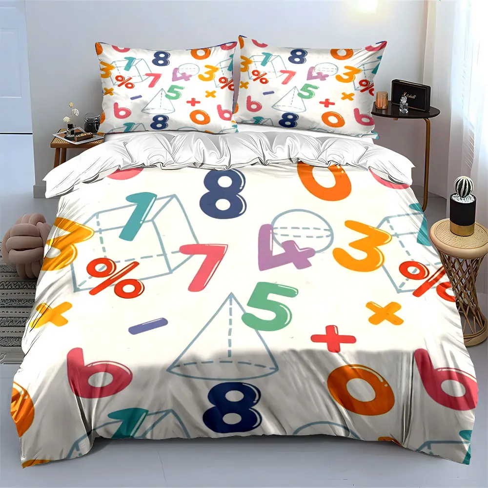 Cartoon Color Numbers Math Symbol Bedding Set,Kids Educational Geometric Shape Print 1 Duvet Cover 2 Pillowcase,kids room Decor