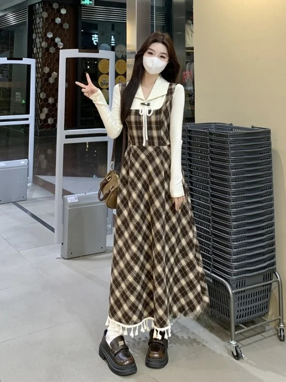 

Женская винтажная клетчатая юбка А-силуэта больших размеров с высокой талией и поясом, осенне-зимняя, длинная, в корейском стиле, для офиса и повседневной носки