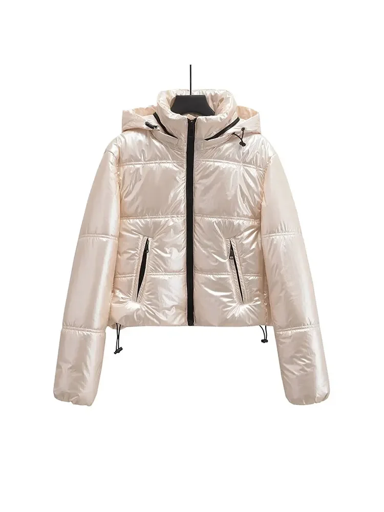 Muslimex TRAF donna Crop piumino con cappuccio argento maniche lunghe cerniera Parka 2024 inverno giacca corta capispalla