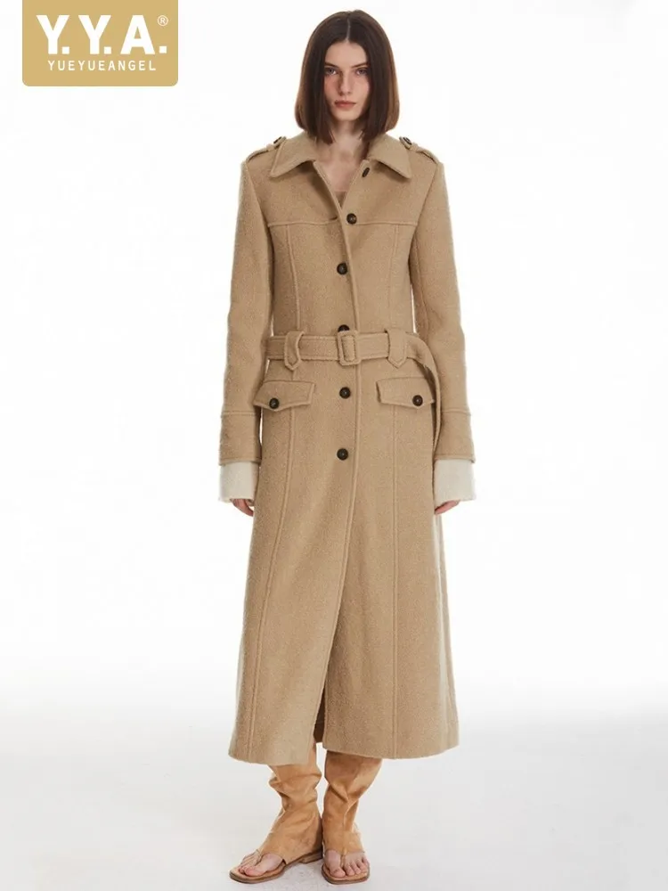 Fashion Vintage Womens Turn Down Collar Woolen Coat Warm Long Slim Single Breasted Pockets Sashes Office Lady Winter Outerwear