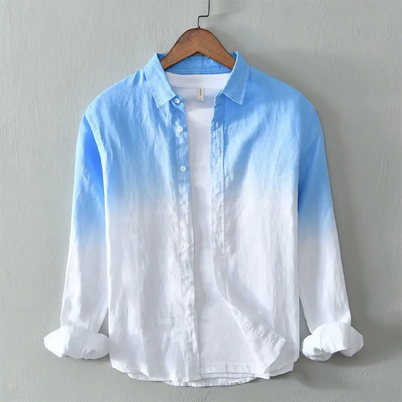 New Men Ombre Blue Long Sleeve Shirt Slight Stretch Casual Versatile Jacket Top