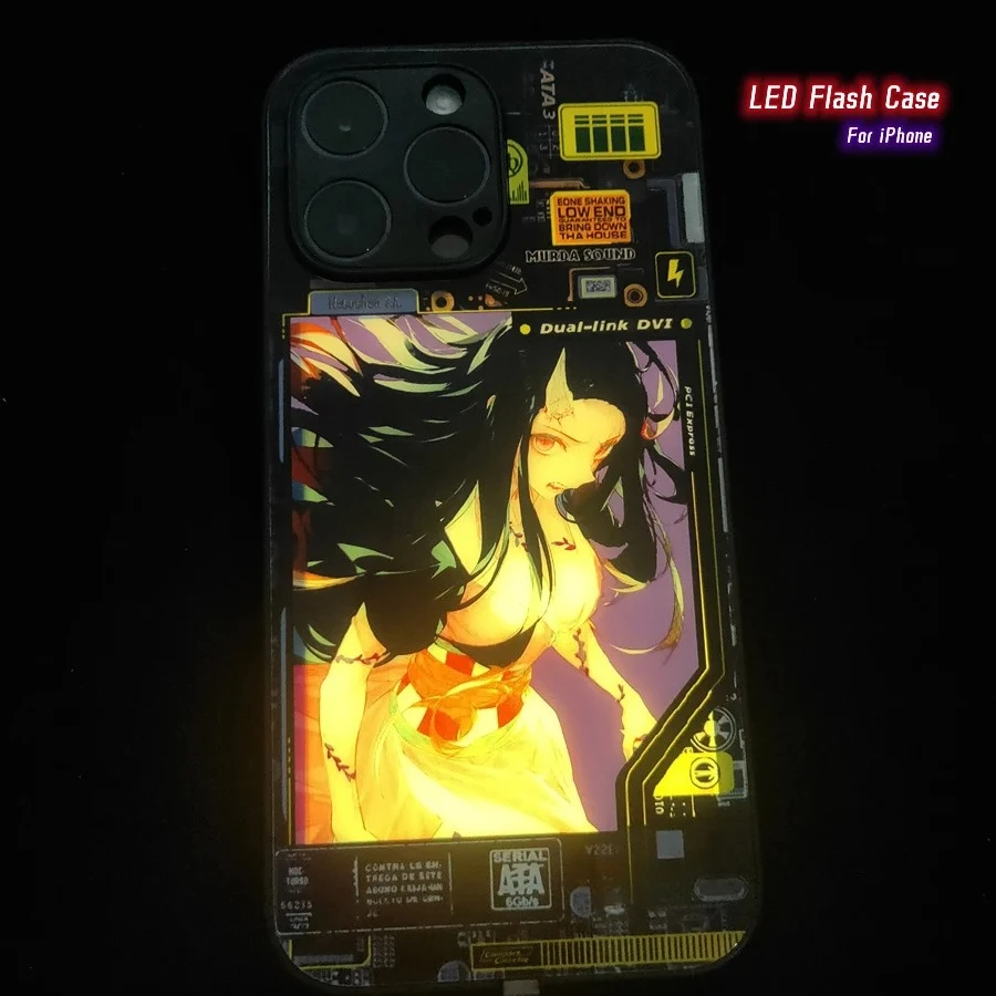 

Japan Anime Demon Girl Cute Cartoon LED Flash Case Cover For iPhone 16 15 17 14 13 12 11 Pro Max XR XS 7 8 Plus Luminous Cover