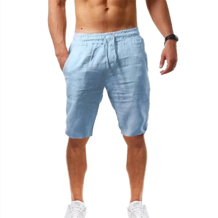 New Men's Summertime Cotton Linen Shorts Drawstring Tighten The Waist Straight Leg Solid Breathable Movement Beach Casual Shorts