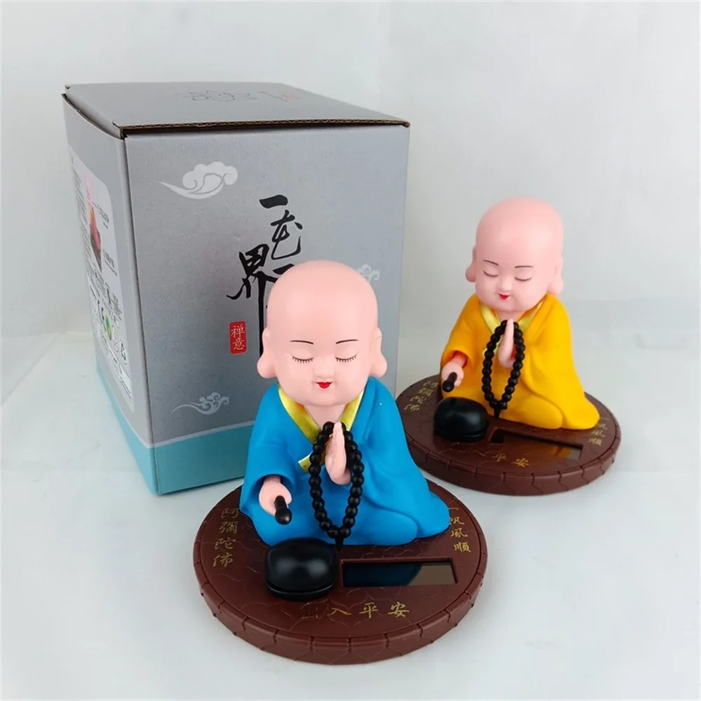 

2024 Solar Automatic Knock Wooden Fish Small Buddhist Monk Figurines Statues Car Dash Board Home Office Decorations Toy Gift