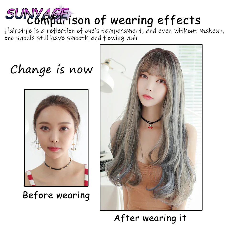 SUNYAGE Synthetic Grey long hair Gradient Pick blue Dyed black Top Wig Female Long Hair Woven Air Wig Daily gatherings