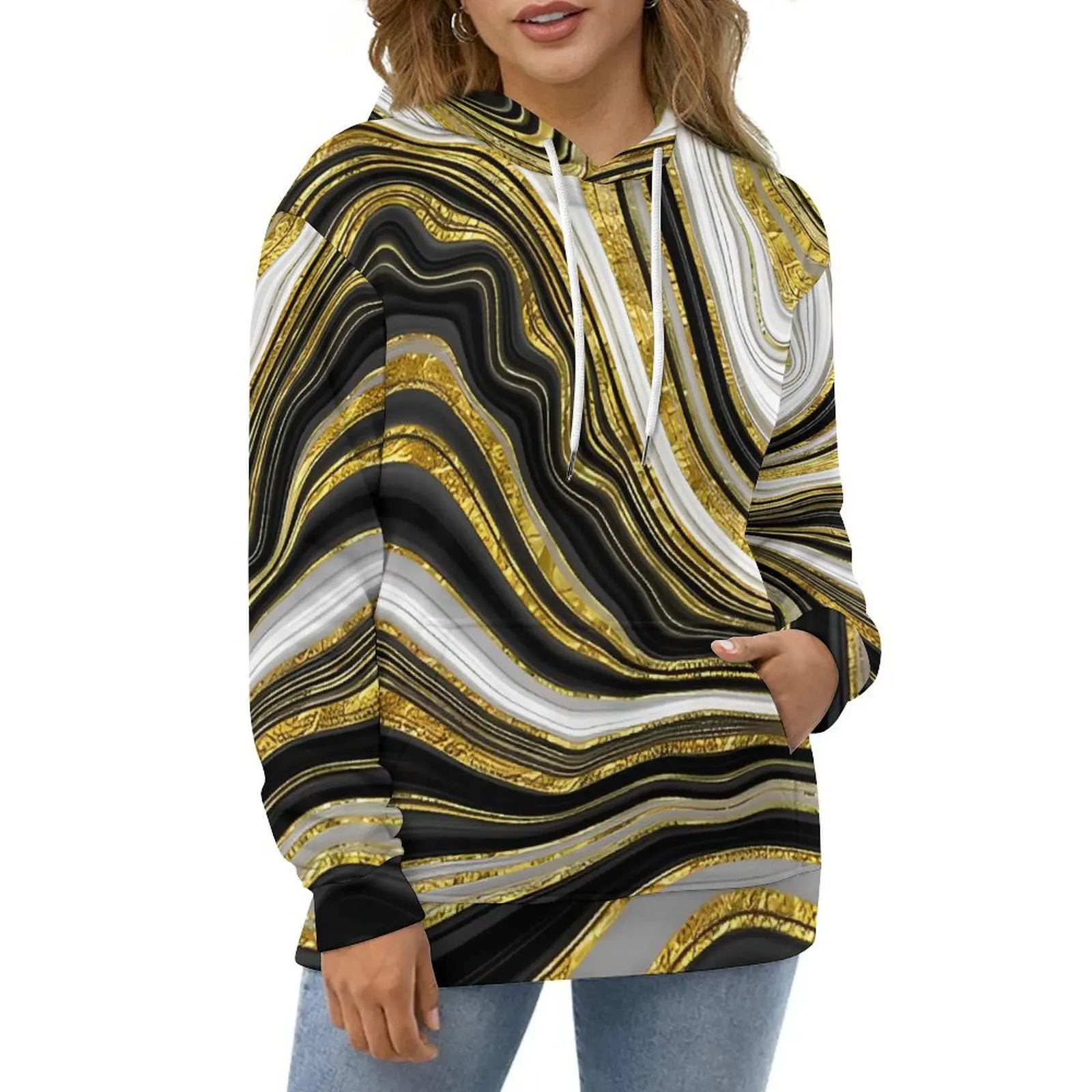 Gold Glitter Marble Print Hoodies Long Sleeve  Cute Casual Hoodie Autumn Classic Oversized Custom Loose Hooded Sweatshirts