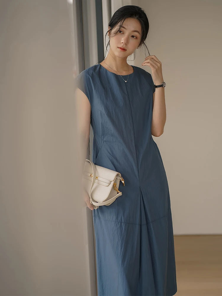 

Ele Korean Sle Long Knee-Length round Ne Slimming Dr Women's Faion Commute Cotton Summer New Arrival