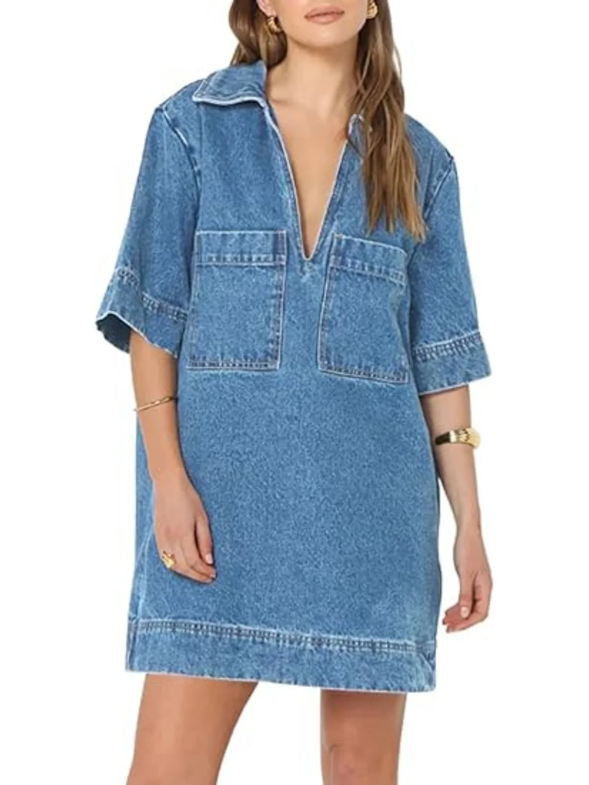 V Neck Pockets Straight Denim Mini Dress Short Sleeve Patchwork Jean Summer Dresses Vintage Casual Streetwear Women Clothing