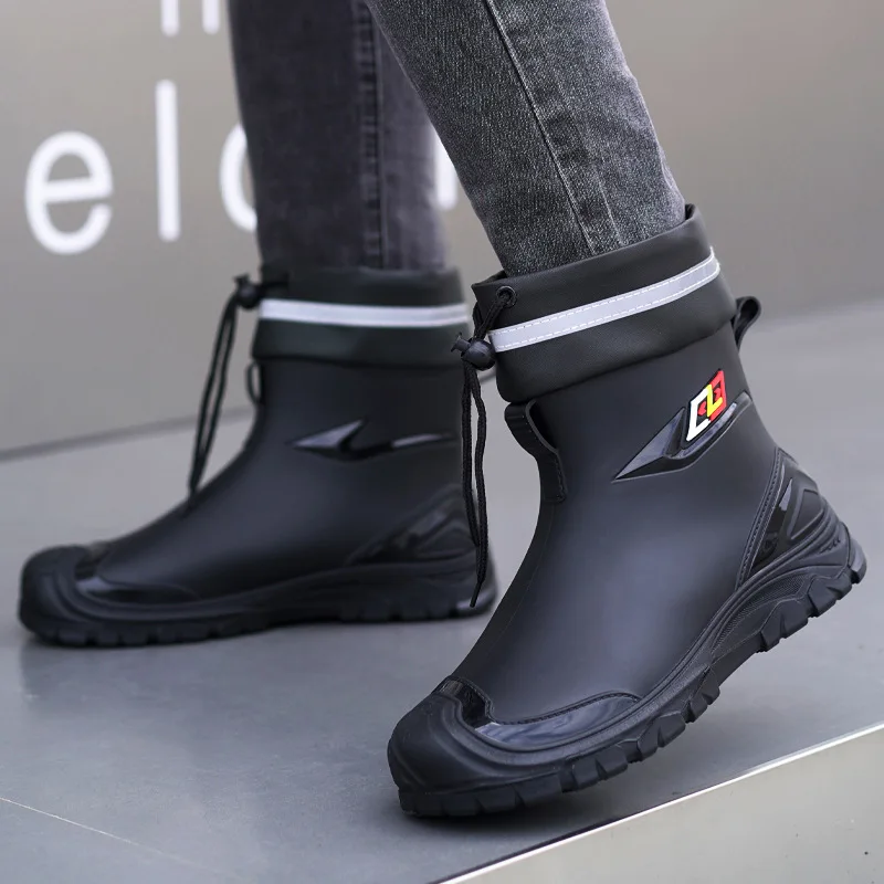 Men's Ankle High Thickened Fleece Lined Rain Boots Anti-slip Waterproof Fishing Work Shoes Wear Resistant Warm Water Shoes2026