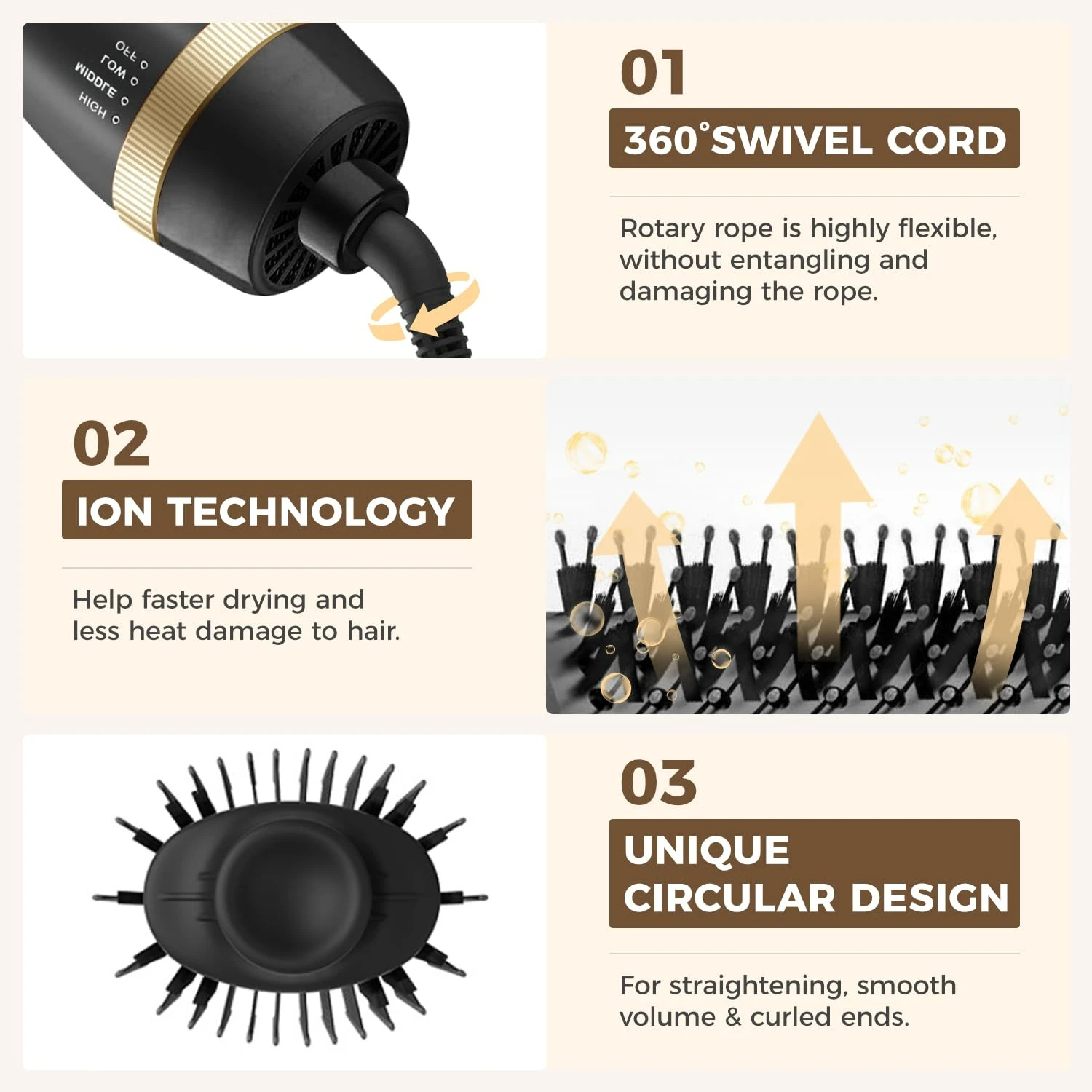 4-in-1 Volumizer Styler Hair Dryer Brush, Professional Gold Hot Air Blow Dryer Brush for All Hair Types and Styles, Powerful and