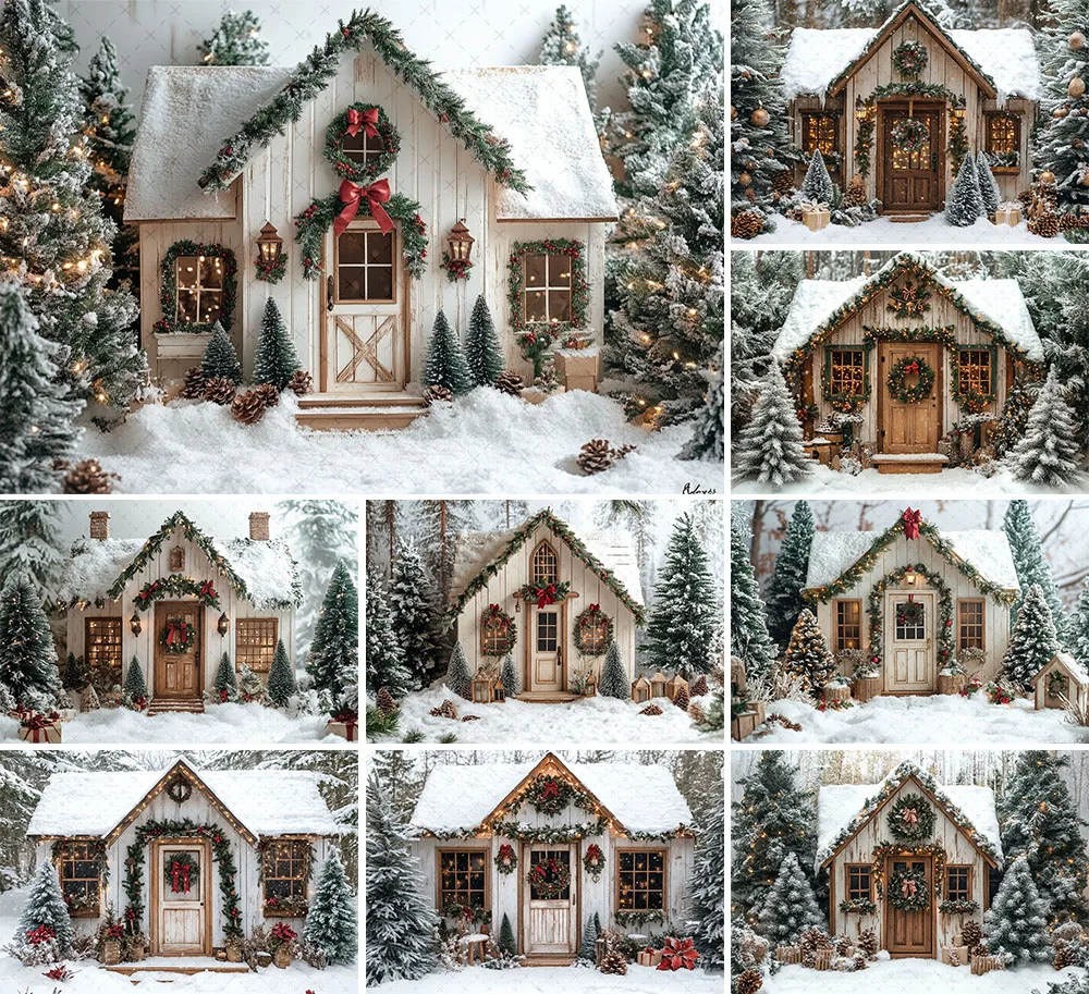 mehofond-fotografia-fundo-inverno-natal-floresta-nevada-casa-de-madeira-presente-criancas-familia-retrato-decoracao-pano-de-fundo-estudio-foto