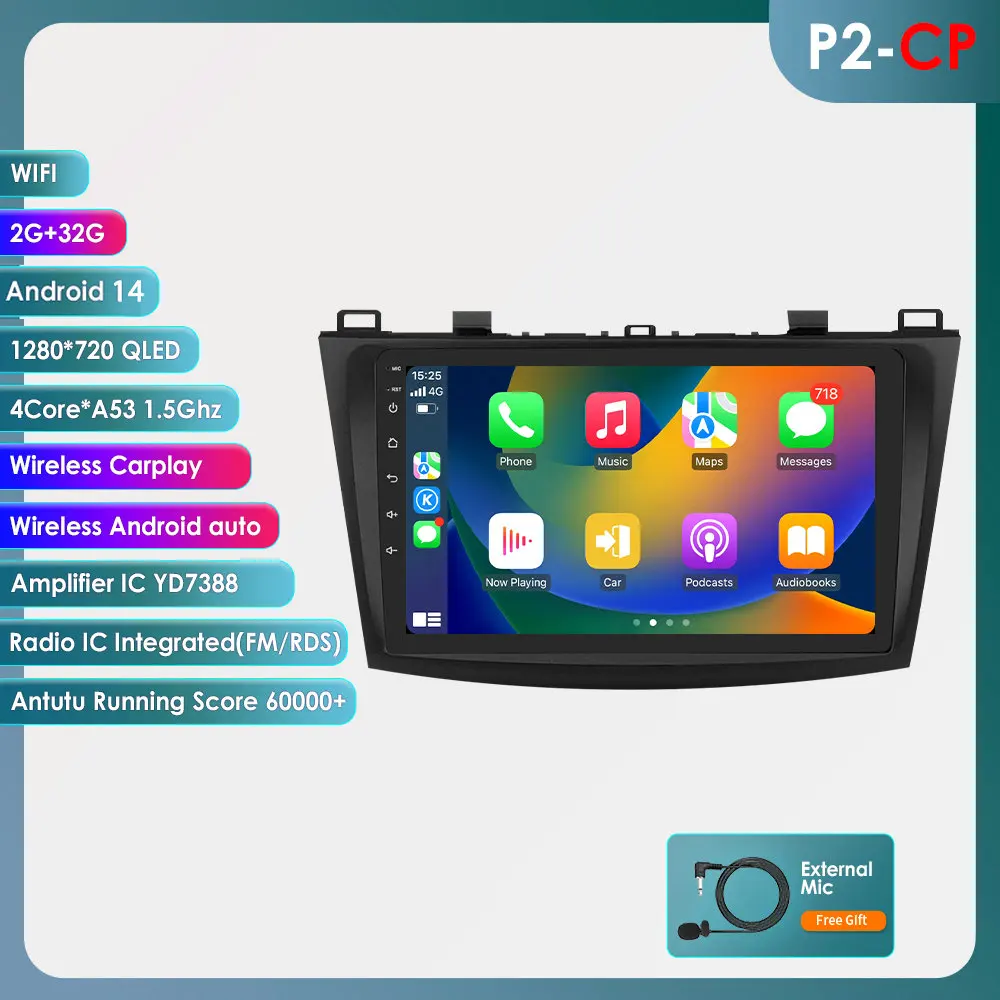 8G + 128G Android 14 Autoradio Speler Voor Mazda 3 2010 2011 2012 2013 Autoradio GPS Navigatie WIFI RDS IPS Multimedia Stereo 2din