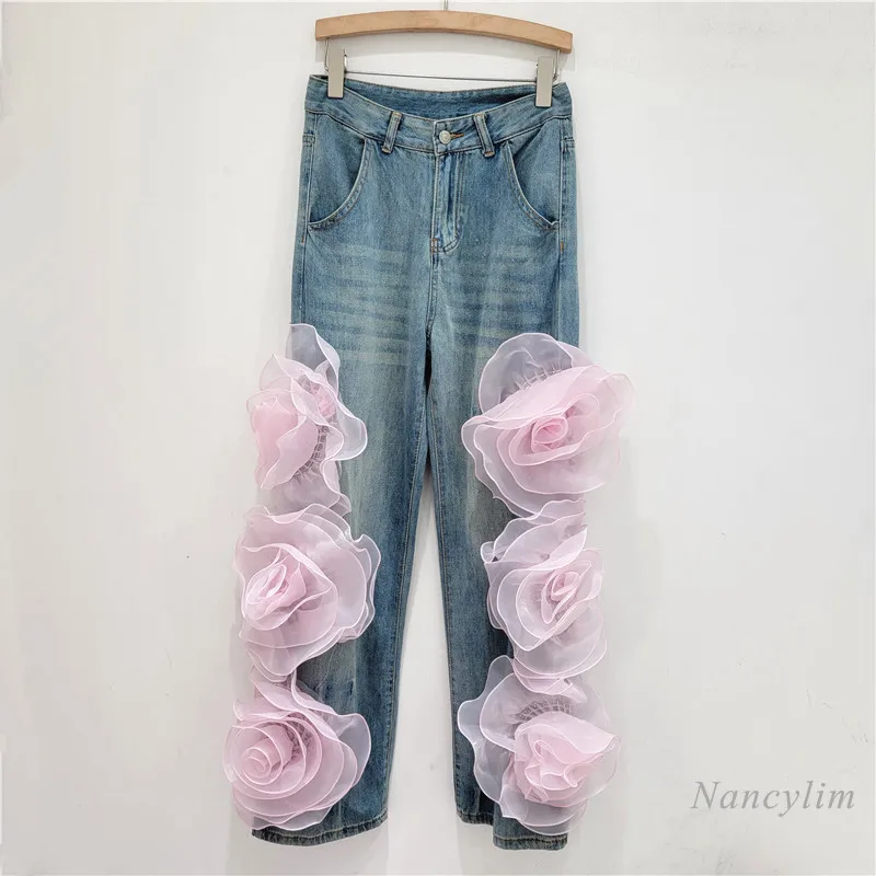 

2024 Autumn New Style Side Three-Dimensional Big Flower Decoration Slimming and Straight All-Match Jeans Street Fashion Pants