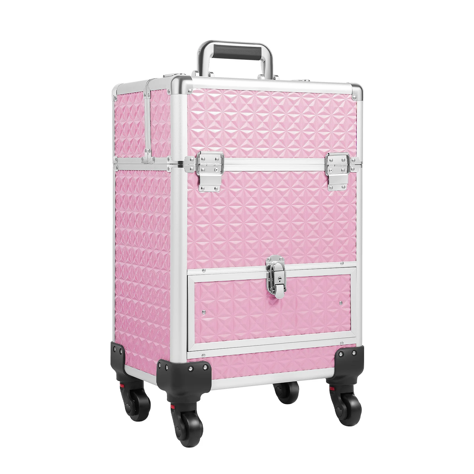 Pink Rolling Makeup Train Case Aluminum Alloy Frame 20Kg Load Capacity Three-stage Telescopic Rod Lockable Bottom Drawer Silent Detachable Universal Wheel Nail Tattoo Hair Salon Tool Storage Trolley