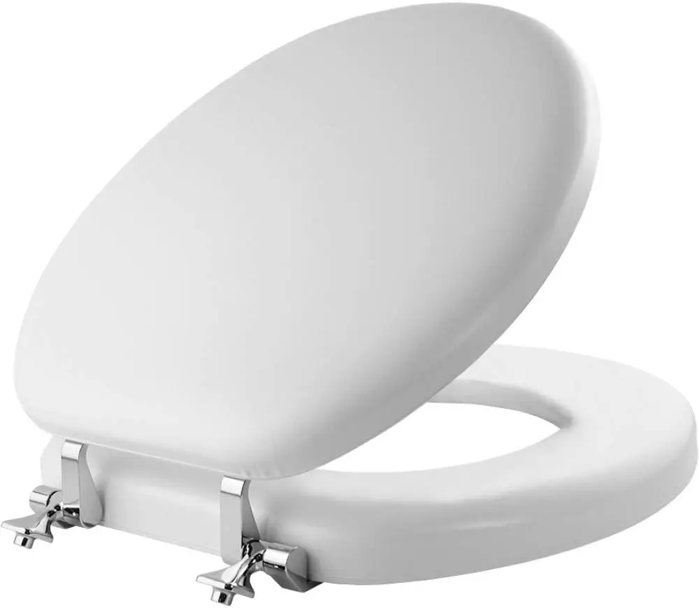 

Soft Vinyl Padded Toilet Seat with Chrome Hinges, Round White Made in USA, Wood Core Comfort