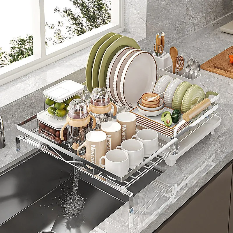 Stainless Steel Sink Extendable Dish Drying Rack Kitchen Counter Shelf Adjustable Storage Organizer for Plates Bowls