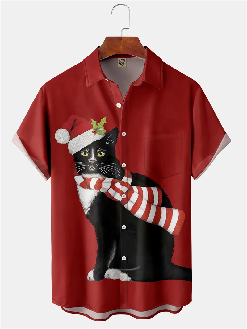 

Christmas Men's Animal Cat Graphic Shirt Button-Up Shirt Autumn Short Sleeve Fun Outdoor Holiday Lapel 3D Print Men's Clothing