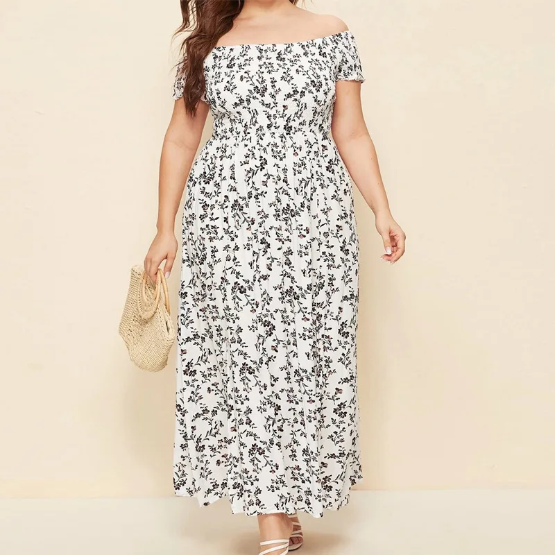 Summer Women\'s Boho Floral Print Off Shoulder Split Long A Line Dresses XXXL 4XL