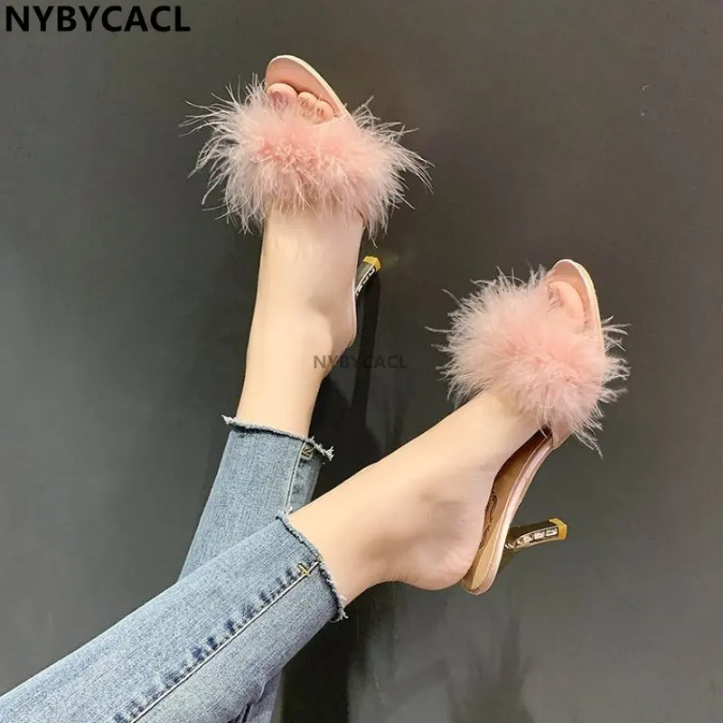 New Summer Fluffy Peep Toe Sexy High Heels Women Shoes Fur Feather Lady Fashion Wedding Slip-On Pink Square Toe Women Sandals