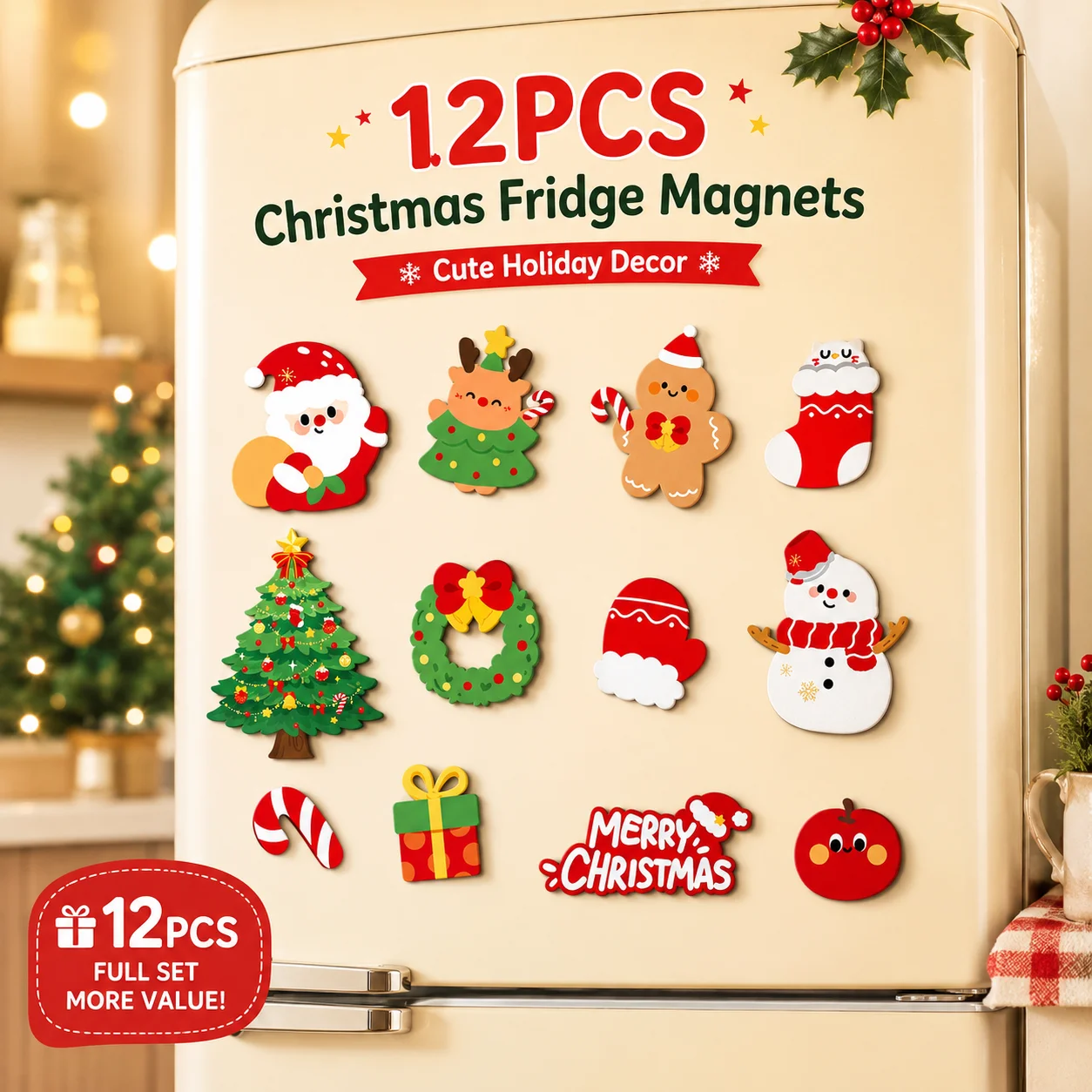 12PCS Christmas Refrigerator Magnets Santa Snowman Tree Gingerbread Fridge Magnets for Kitchen Xmas Holiday Party Decor Gift