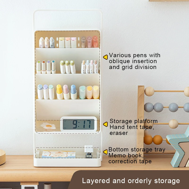 Portable Pen Holder, Student Office Desktop Pen Holder Stationery Rack, Grid Division, Layered and Orderly Pencil Storage Box