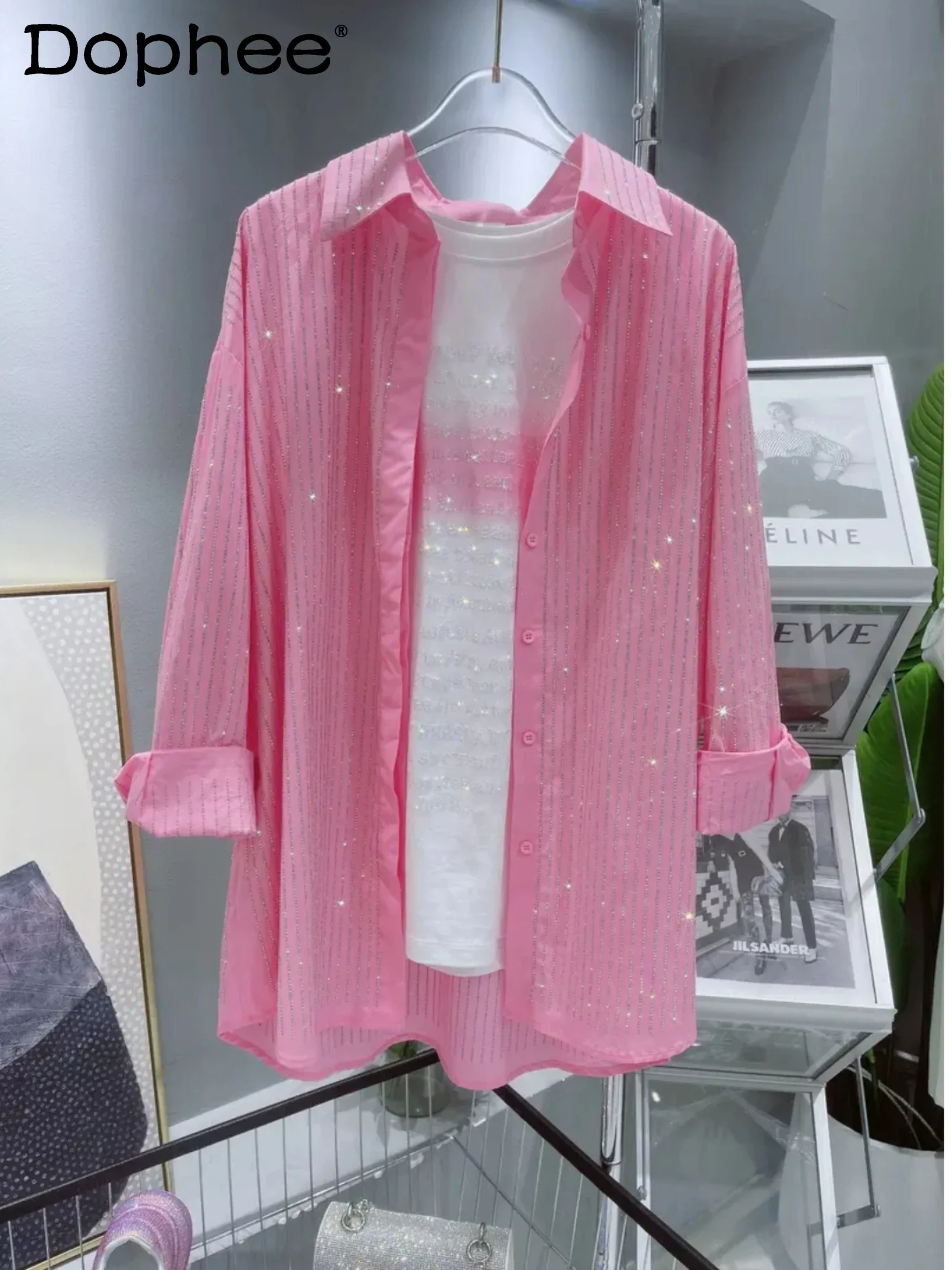 

Hot Drilling Stripes Pink Blouse Women Loose Casual Long Sleeve Sun Protection Shirt Top 2022 Spring Summer New Camisas Mujer