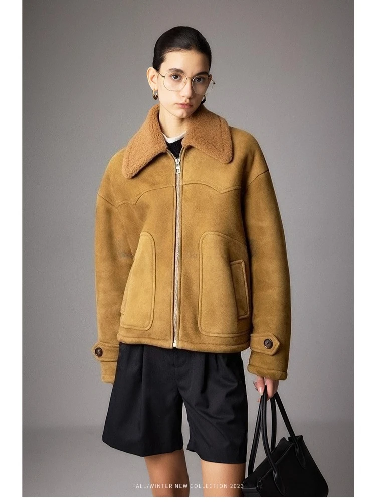 

High-end Luxury Merino Sheep Fur Winter Suede Jackets for Women 2026 New Simple Vintage Classic Genuine Leather Real Fur Coat