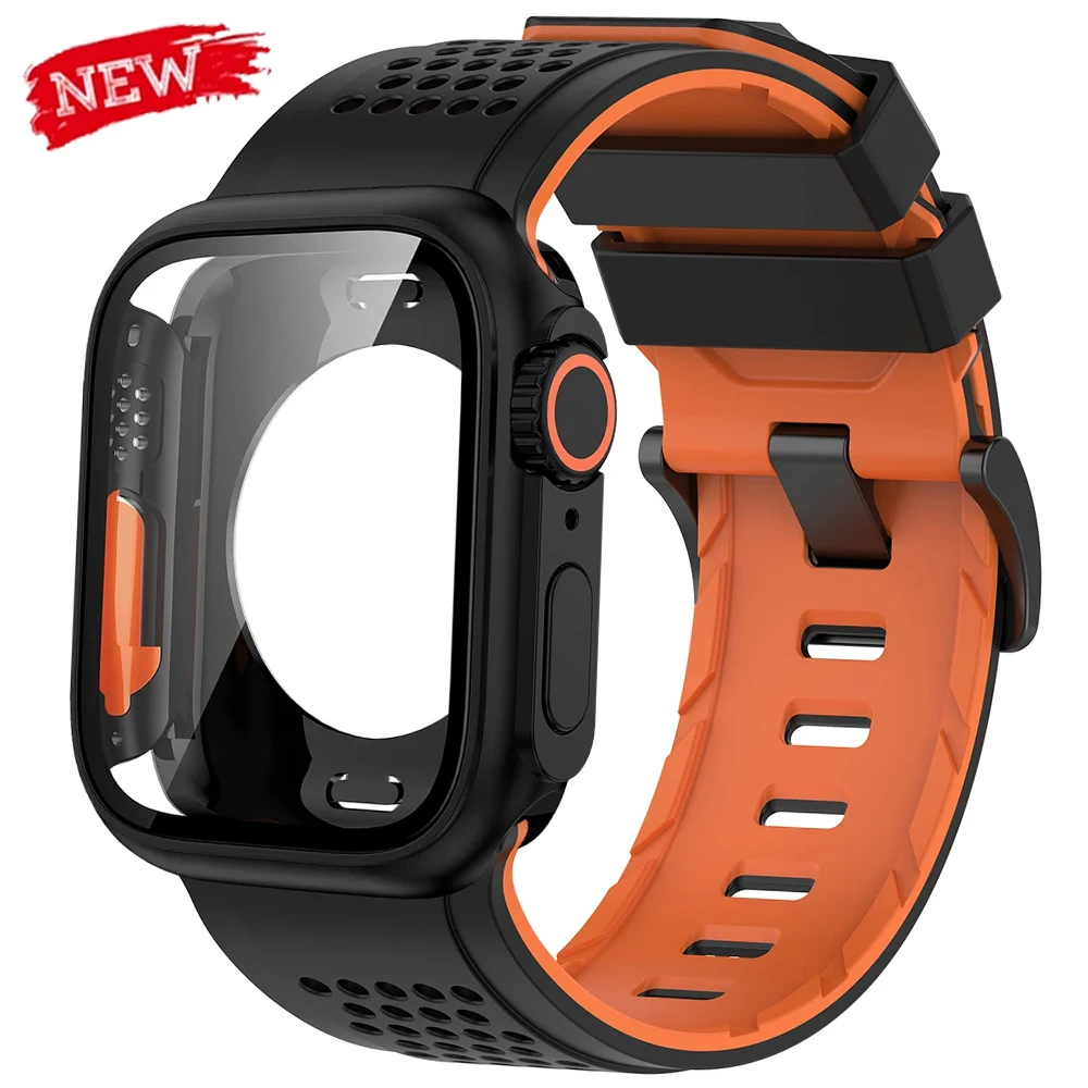 PC-Gehäuse+Armband für Apple Watch 11 10 9 8 7 SE 46mm 44mm 45mm Silikonband, umwandelbar zu Ultra 3/2 49mm, Displayschutzabdeckung