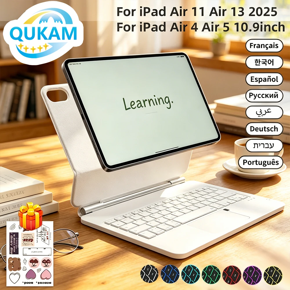 Étui clavier magique pour iPad 11e génération A16, 10e génération Air 4 5 6, Pro 11 13 M4 12.9, avec trackpad rétroéclairé sans fil et support magnétique, idéal pour l'étude